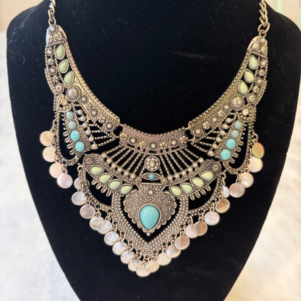Mixed Metal Necklace with Faux Turquoise and Pearl Accents - Middle Eastern Vibe